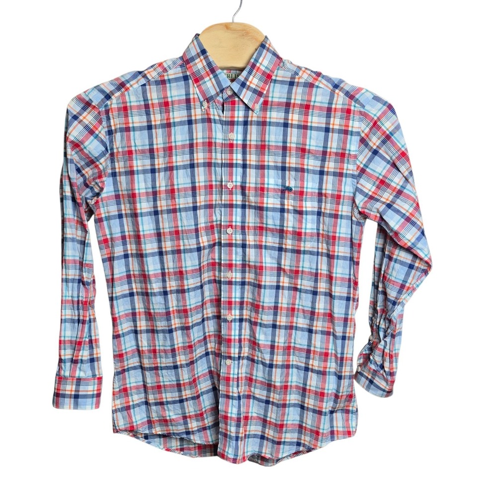 Perlis Men's Medium Plaid Button Down Crawfish Logo Southern Prep Oxford Shirt - Picture 2 of 7